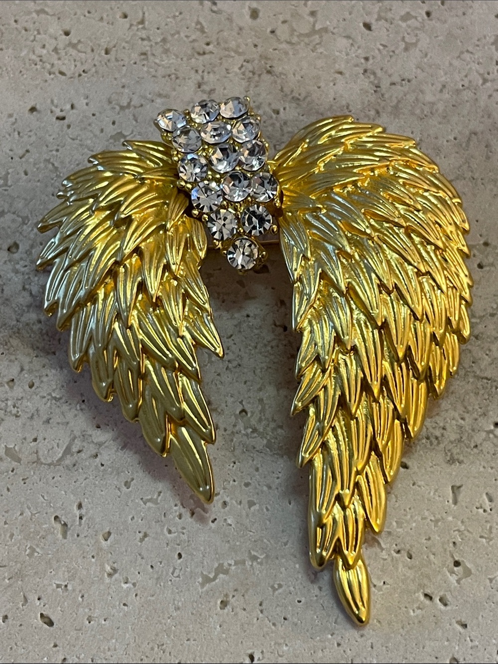 Gold Angel Wing Crystal Brooch Statement Pin Rhinestone Feather Jewelry